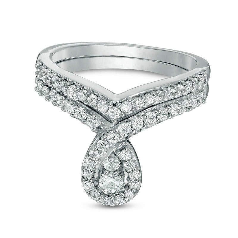 Image of ID 1 075 CT TW Natural Diamond Pear-Shaped Frame Bridal Engagement Ring Set in Solid 10K White Gold