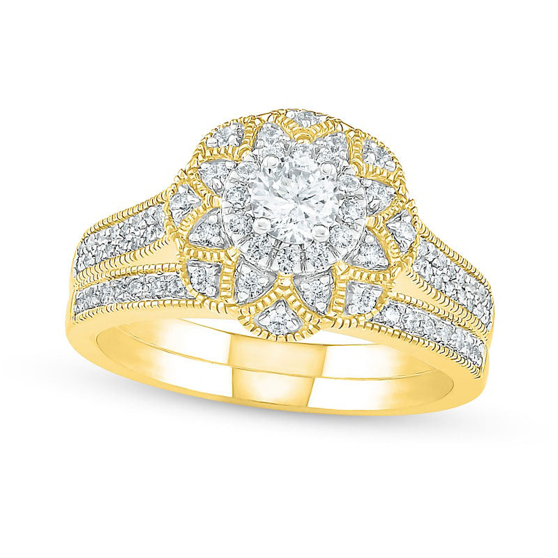 Image of ID 1 075 CT TW Natural Diamond Scallop Edge Frame Antique Vintage-Style Bridal Engagement Ring Set in Solid 10K Yellow Gold