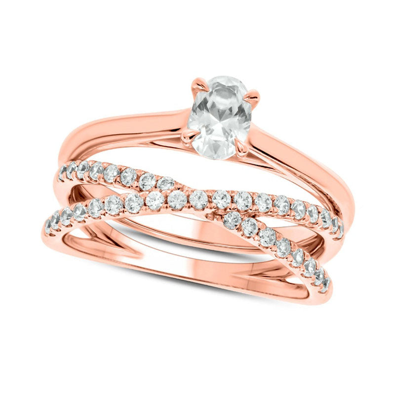 Image of ID 1 075 CT TW Oval Natural Diamond Crossover Bridal Engagement Ring Set in Solid 10K Rose Gold