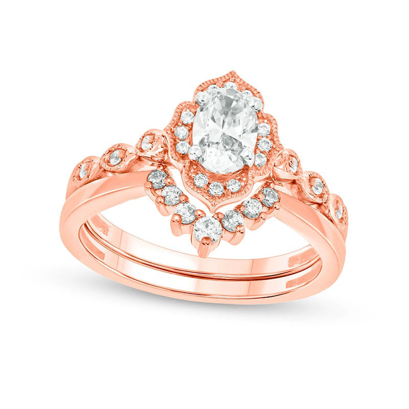 Image of ID 1 075 CT TW Oval Natural Diamond Frame Antique Vintage-Style Bridal Engagement Ring Set in Solid 14K Rose Gold (I/I2)