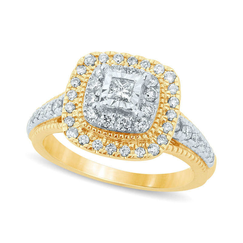 Image of ID 1 075 CT TW Princess-Cut Natural Diamond Double Frame Antique Vintage-Style Engagement Ring in Solid 14K Gold