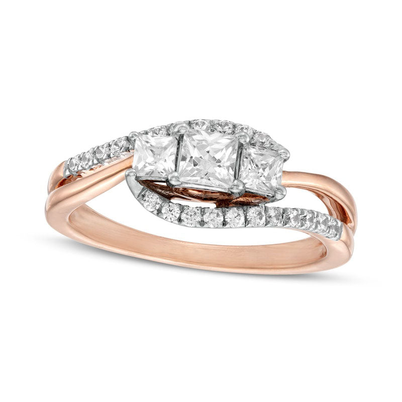 Image of ID 1 075 CT TW Princess-Cut and Round Natural Diamond Three Stone Bypass Ring in Solid 10K Rose Gold
