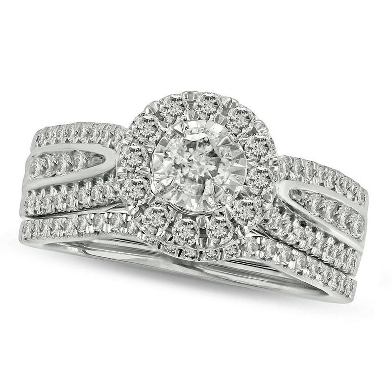 Image of ID 1 088 CT TW Natural Diamond Frame Multi-Row Bridal Engagement Ring Set in Solid 10K White Gold