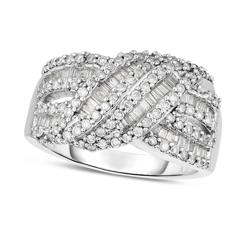 Image of ID 1 10 CT TW Baguette and Round Natural Diamond Multi-Row Layered Twist Ring in Solid 14K White Gold