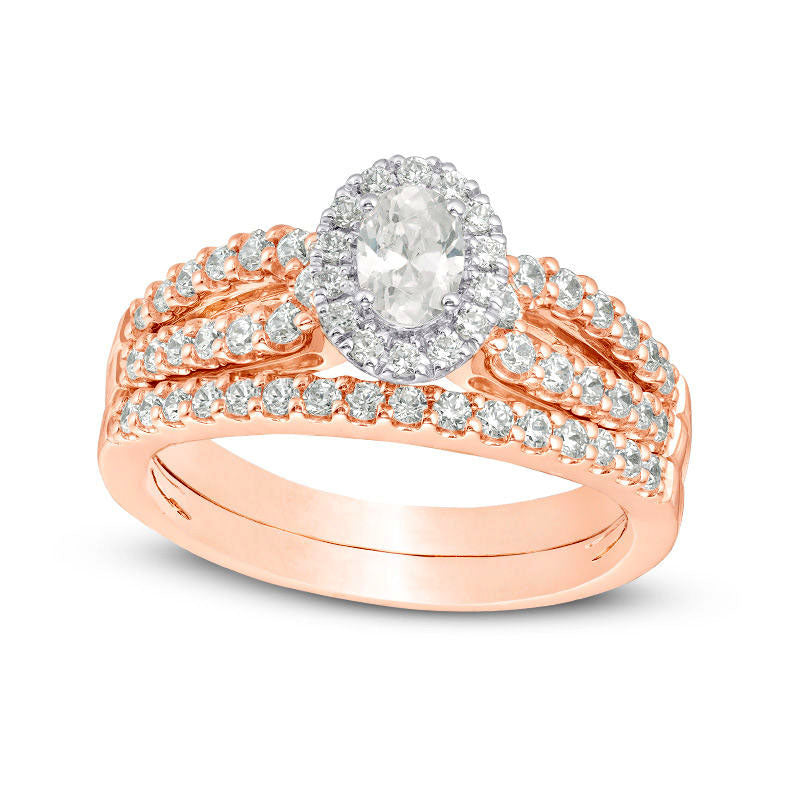 Image of ID 1 10 CT TW Certified Oval Natural Diamond Frame Split Shank Bridal Engagement Ring Set in Solid 14K Rose Gold (I/I1)
