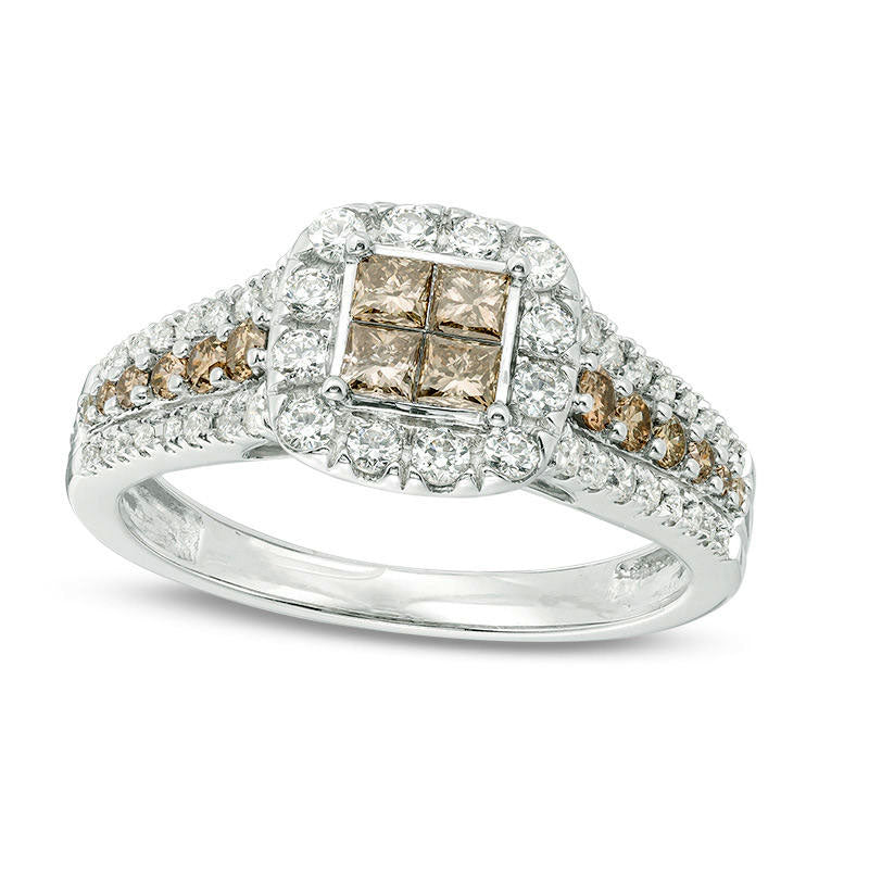 Image of ID 1 10 CT TW Champagne and White Quad Princess-Cut Natural Diamond Frame Engagement Ring in Solid 10K White Gold