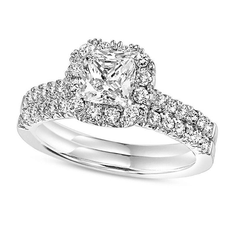 Image of ID 1 10 CT TW Cushion-Cut Natural Diamond Frame Bridal Engagement Ring Set in Solid 14K White Gold