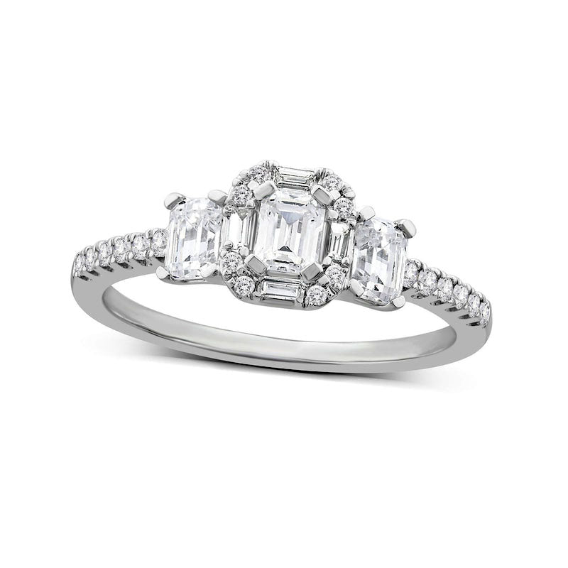 Image of ID 1 10 CT TW Emerald-Cut Natural Diamond Frame Three Stone Engagement Ring in Solid 14K White Gold