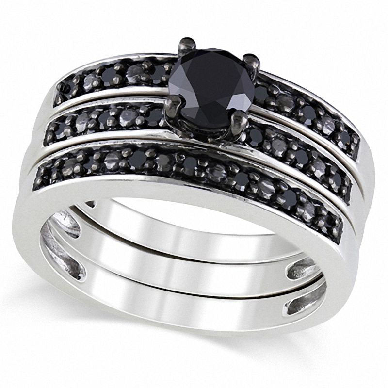 Image of ID 1 10 CT TW Enhanced Black Natural Diamond Three Piece Bridal Engagement Ring Set in Sterling Silver