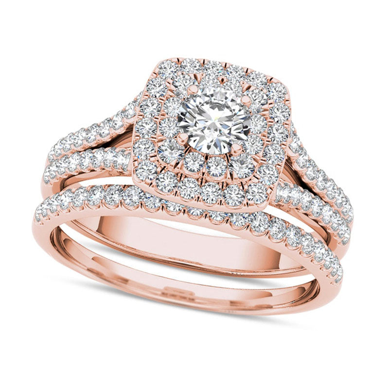 Image of ID 1 10 CT TW Natural Diamond Double Cushion Frame Split Shank Bridal Engagement Ring Set in Solid 14K Rose Gold