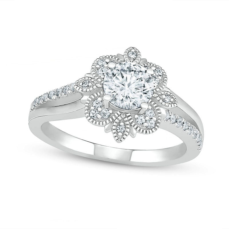 Image of ID 1 10 CT TW Natural Diamond Flower Frame Antique Vintage-Style Engagement Ring in Solid 10K White Gold