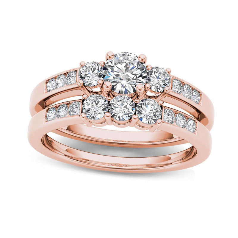 Image of ID 1 10 CT TW Natural Diamond Three Stone Bridal Engagement Ring Set in Solid 14K Rose Gold