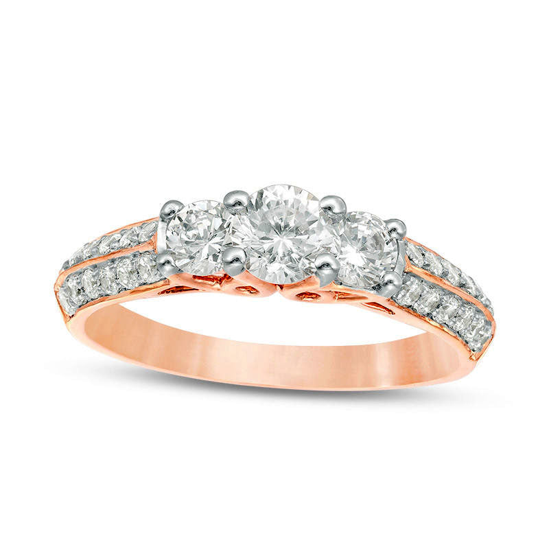Image of ID 1 10 CT TW Natural Diamond Three Stone Two Row Engagement Ring in Solid 10K Rose Gold
