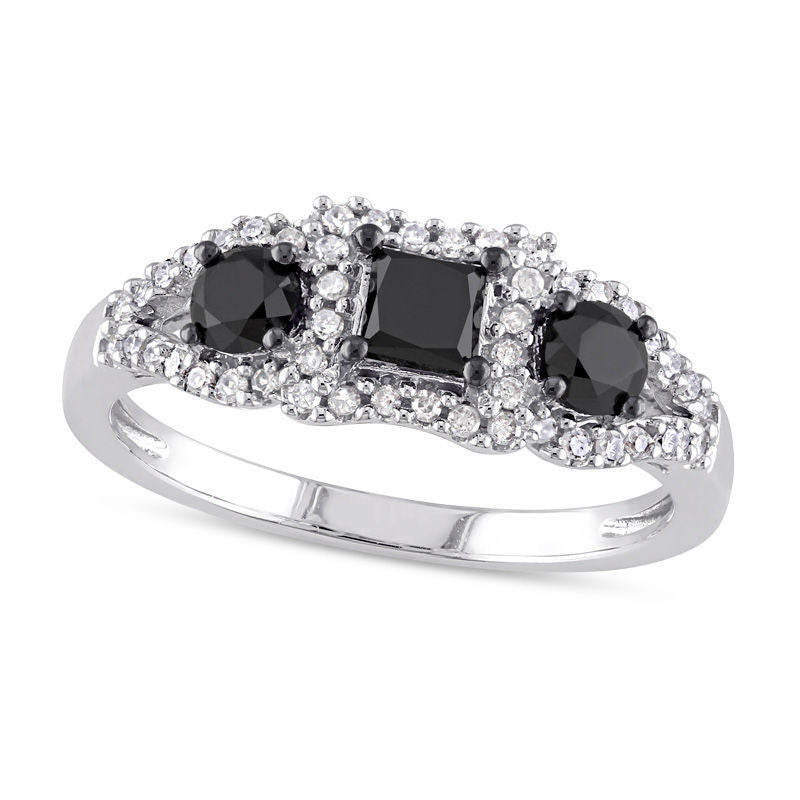 Image of ID 1 10 CT TW Princess-Cut Enhanced Black and White Natural Diamond Three Stone Frame Engagement Ring in Solid 10K White Gold