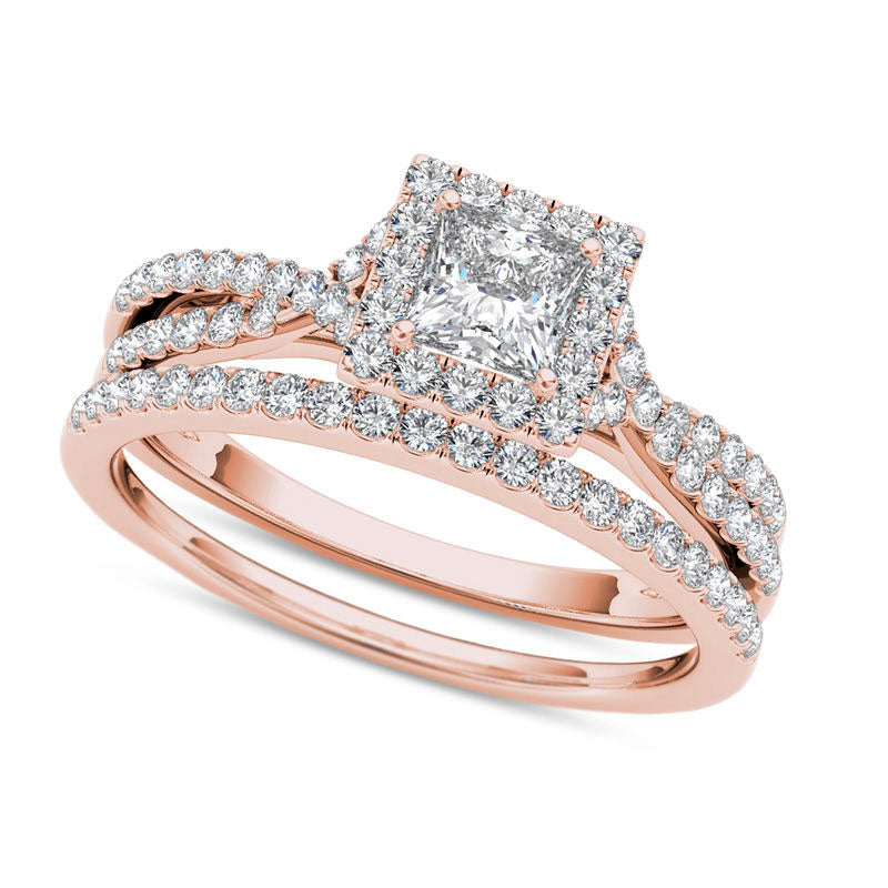 Image of ID 1 10 CT TW Princess-Cut Natural Diamond Frame Twist Bridal Engagement Ring Set in Solid 14K Rose Gold