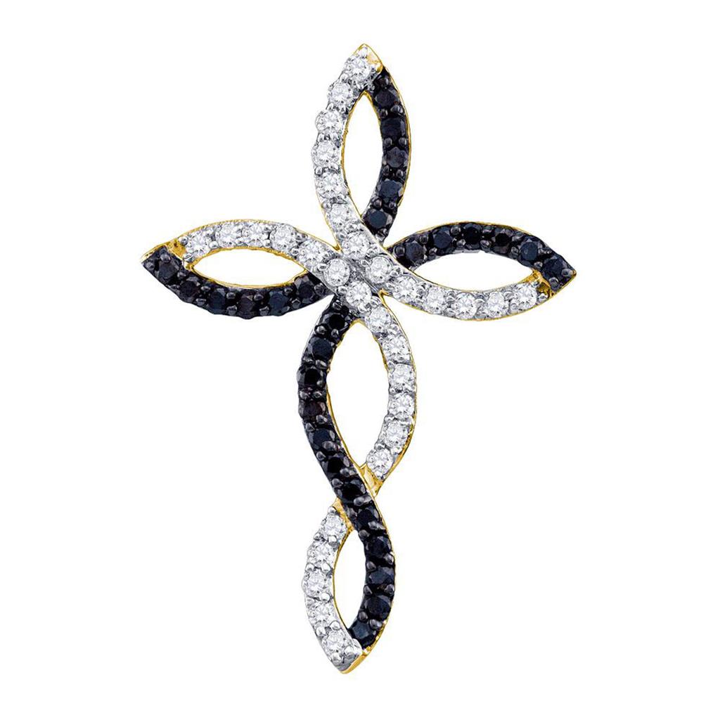 Image of ID 1 10k Yellow Gold Black Diamond Woven Infinity Cross Pendant 1/3 Cttw