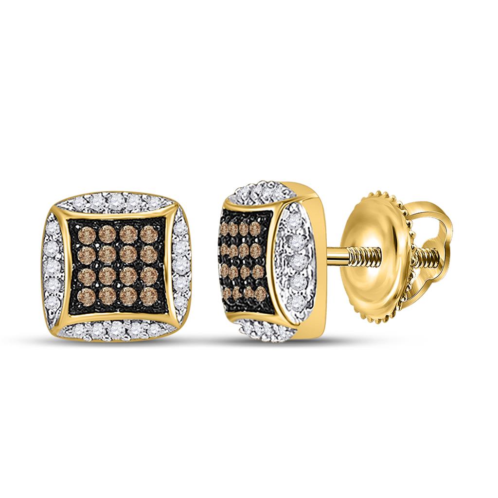 Image of ID 1 10k Yellow Gold Brown Diamond Square Cluster Earrings 1/3 Cttw