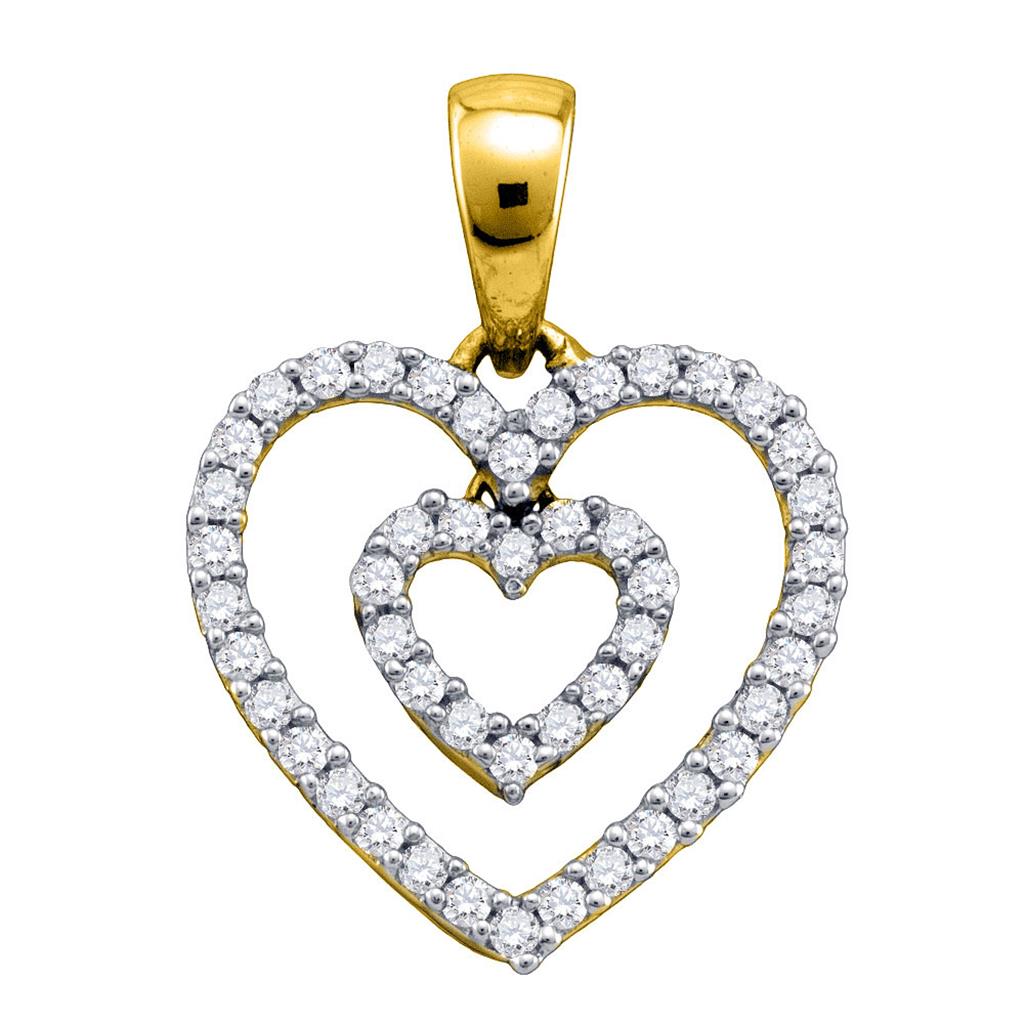 Image of ID 1 10k Yellow Gold Diamond Open-Center Double Nested Heart Dangle Pendant 1/6 Cttw