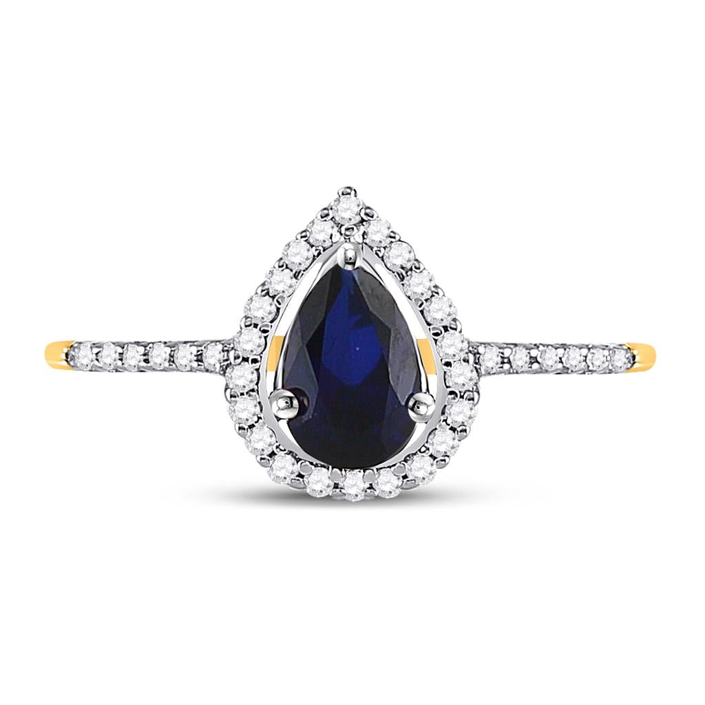 Image of ID 1 10k Yellow Gold Pear Created Blue Sapphire Teardrop Ring 1 Cttw
