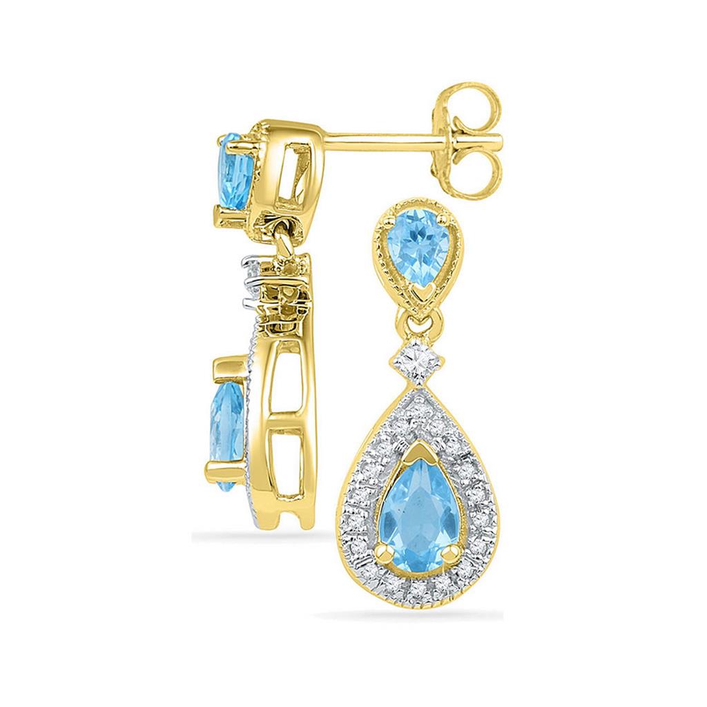 Image of ID 1 10k Yellow Gold Pear Created Blue Topaz Dangle Diamond Earrings 1-1/2 Cttw