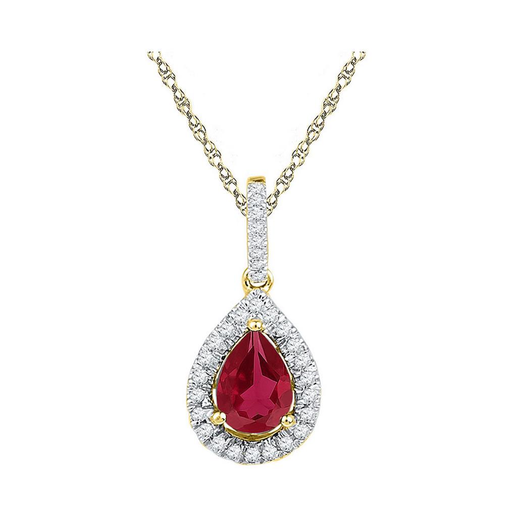 Image of ID 1 10k Yellow Gold Pear Created Ruby Solitaire Diamond Pendant 1-7/8 Cttw