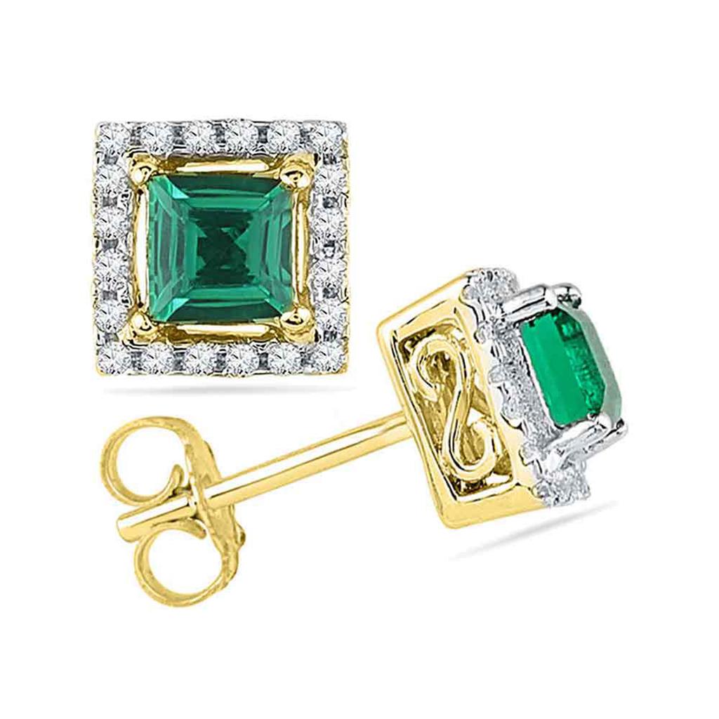 Image of ID 1 10k Yellow Gold Princess Created Emerald Solitaire Diamond Stud Earrings 1/8 Cttw