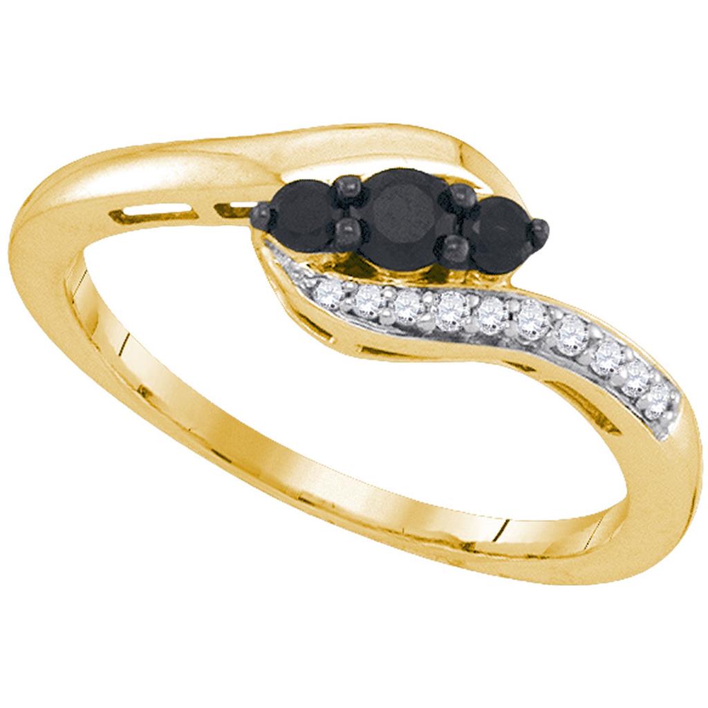 Image of ID 1 10k Yellow Gold Round Black Diamond 3-stone Ring 1/4 Cttw