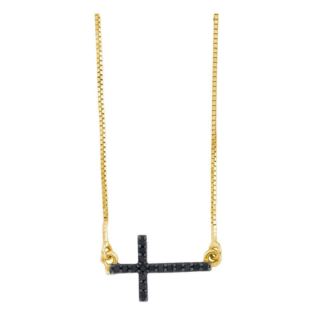 Image of ID 1 10k Yellow Gold Round Black Diamond Horizontal Cross Necklace 1/10 Cttw