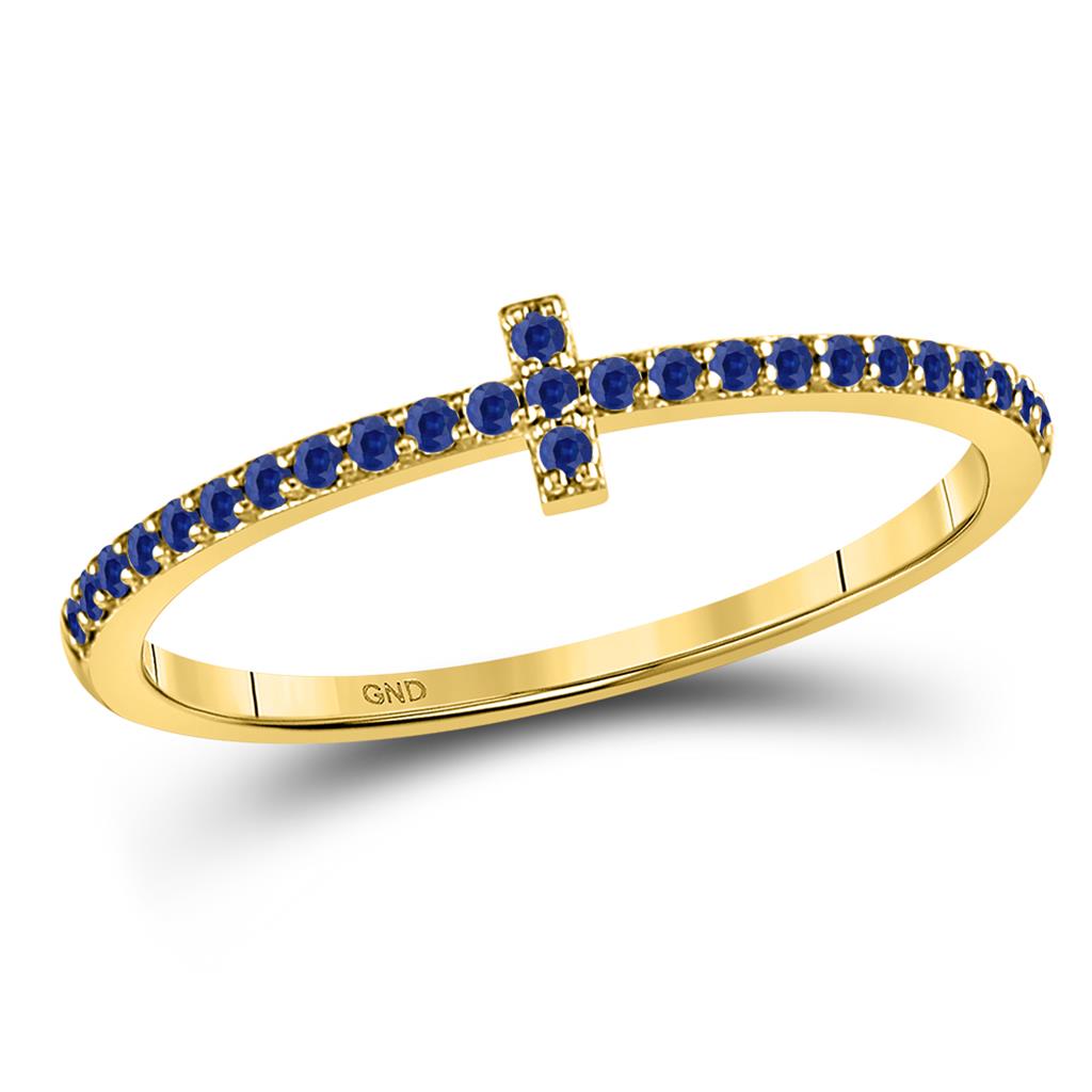 Image of ID 1 10k Yellow Gold Round Blue Sapphire Cross Stackable Band Ring 1/6 Cttw