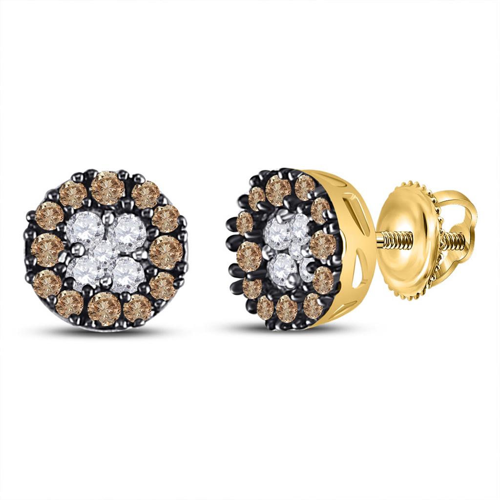 Image of ID 1 10k Yellow Gold Round Brown Diamond Cluster Earrings 1/3 Cttw