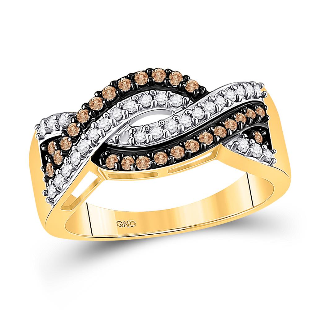 Image of ID 1 10k Yellow Gold Round Brown Diamond Crossover Band Ring 1/2 Cttw