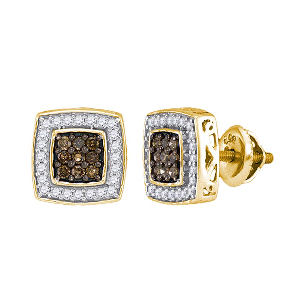 Image of ID 1 10k Yellow Gold Round Brown Diamond Square Cluster Earrings 1/2 Cttw
