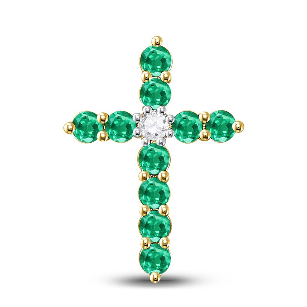 Image of ID 1 10k Yellow Gold Round Created Emerald Cross Pendant 5/8 Cttw