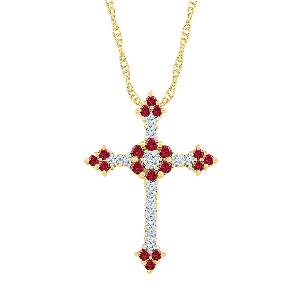 Image of ID 1 10k Yellow Gold Round Created Ruby Cross Pendant 1 Cttw