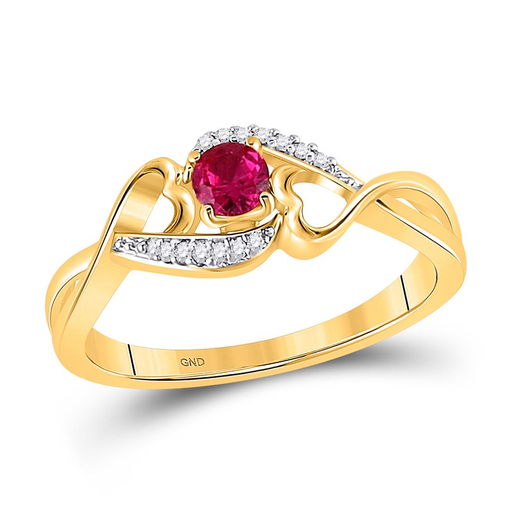 Image of ID 1 10k Yellow Gold Round Created Ruby Heart Ring 1/5 Cttw