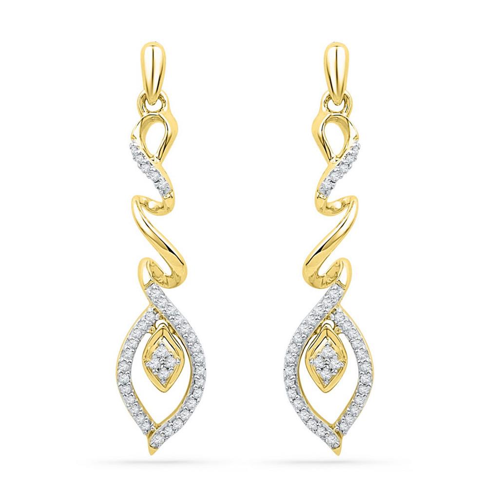 Image of ID 1 10k Yellow Gold Round Diamond Abstract Leaf Dangle Earrings 1/4 Cttw