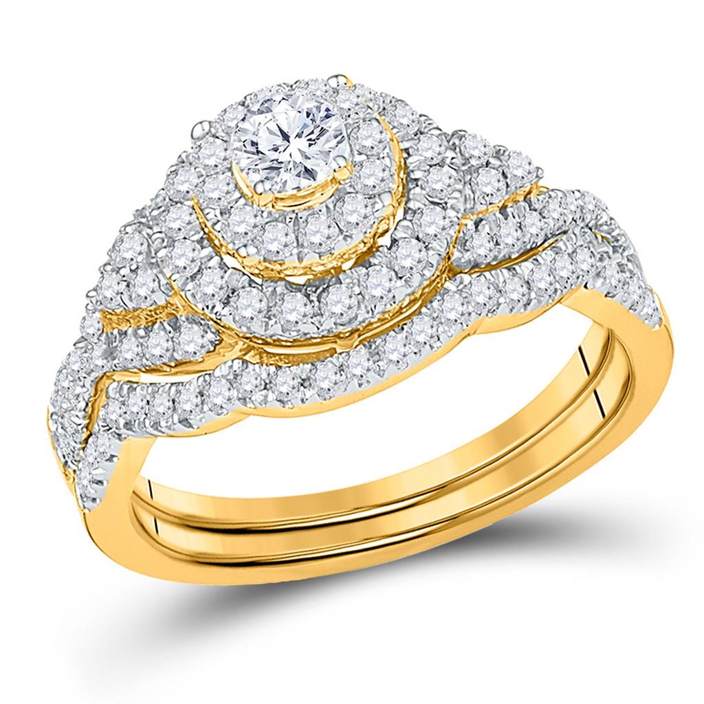 Image of ID 1 10k Yellow Gold Round Diamond Double Halo Bridal Wedding Ring Set 3/4 Cttw
