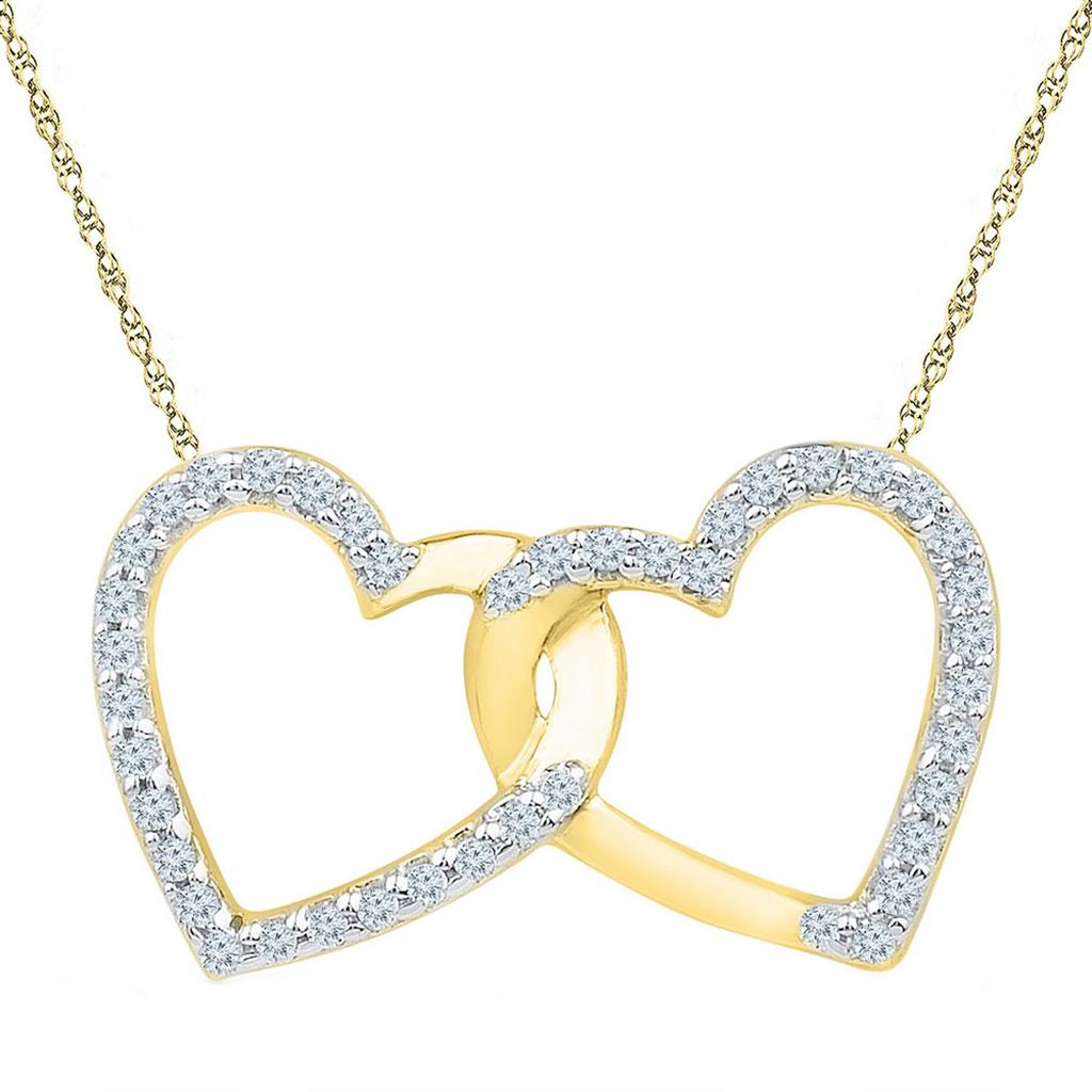 Image of ID 1 10k Yellow Gold Round Diamond Double Linked Heart Pendant 1/6 Cttw