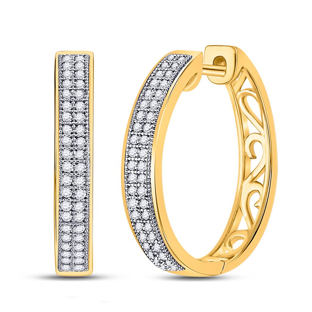 Image of ID 1 10k Yellow Gold Round Diamond Double Row Pave Hoop Earrings 1/4 Cttw