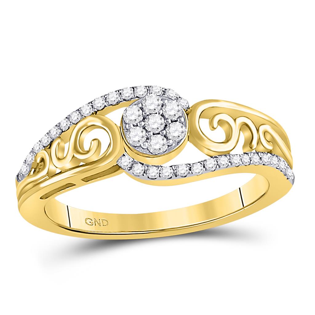 Image of ID 1 10k Yellow Gold Round Diamond Flower Cluster Scroll Curl Ring 1/4 Cttw