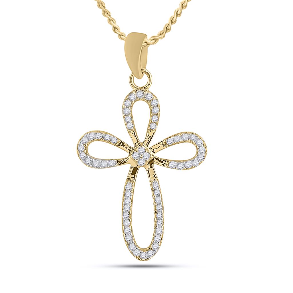 Image of ID 1 10k Yellow Gold Round Diamond Oblong Cross Outline Pendant 1/5 Cttw