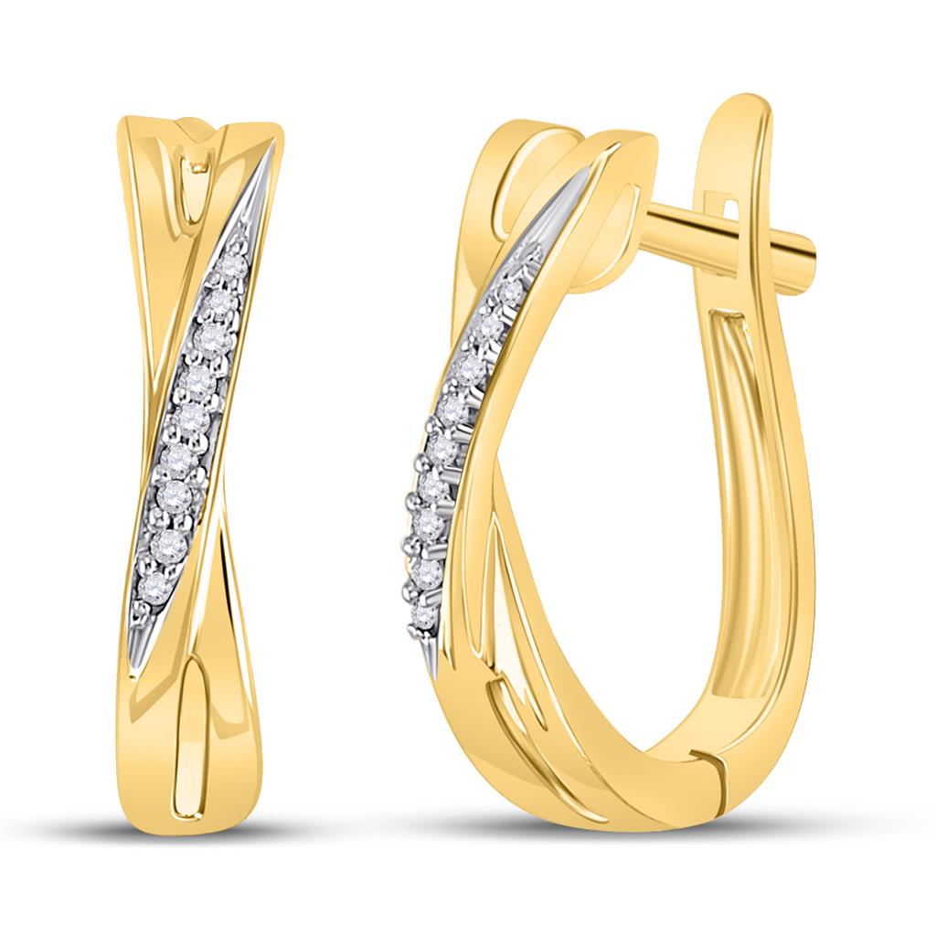 Image of ID 1 10k Yellow Gold Round Diamond Slender Crossover Hoop Earrings 1/20 Cttw