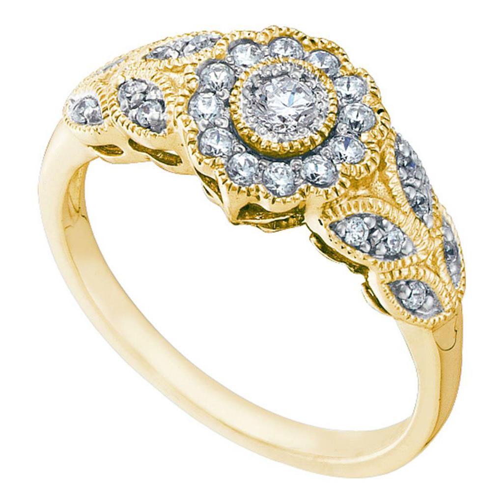 Image of ID 1 10k Yellow Gold Round Diamond Solitaire Floral Cluster Milgrain Ring 1/3 Cttw