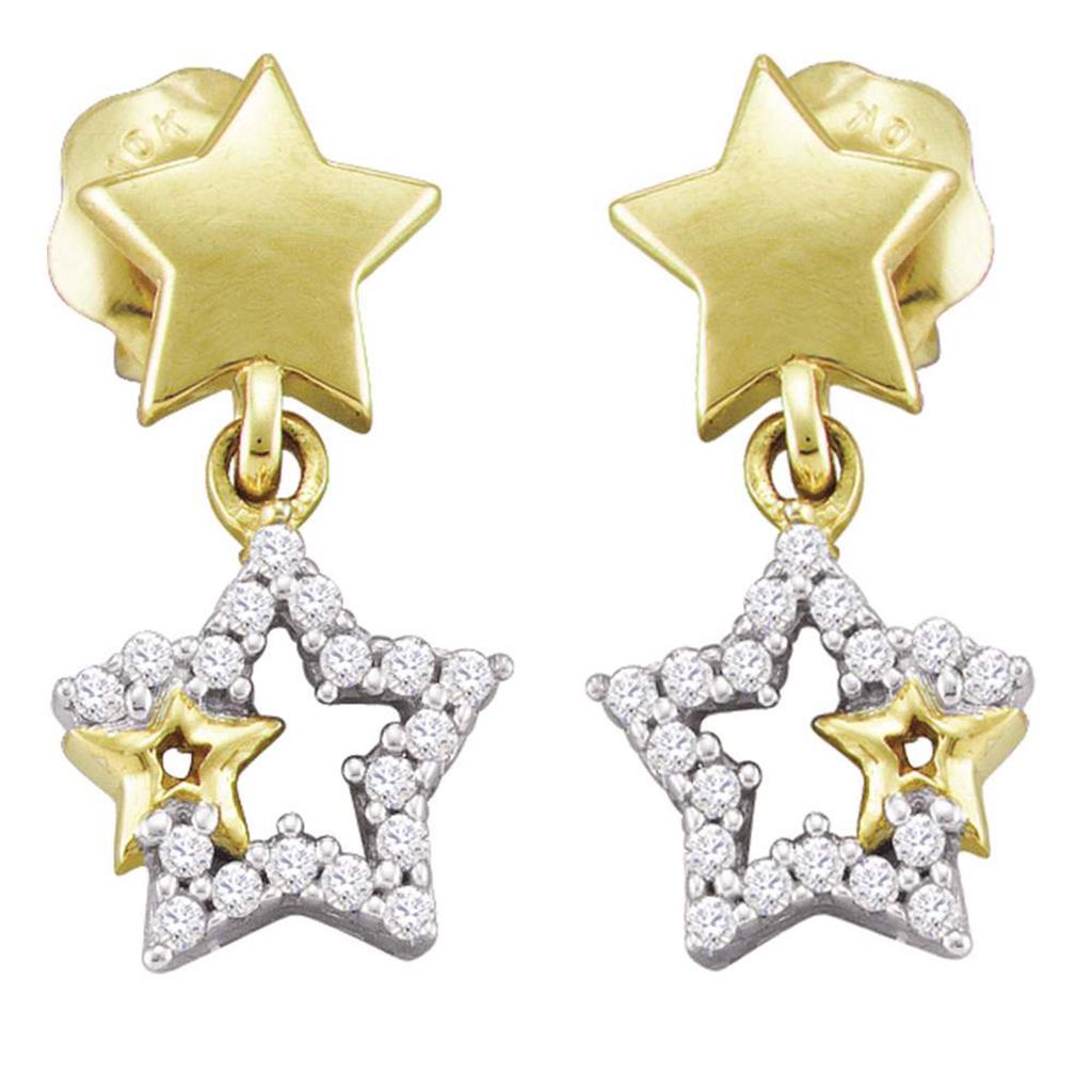 Image of ID 1 10k Yellow Gold Round Diamond Star Dangle Earrings 1/10 Cttw