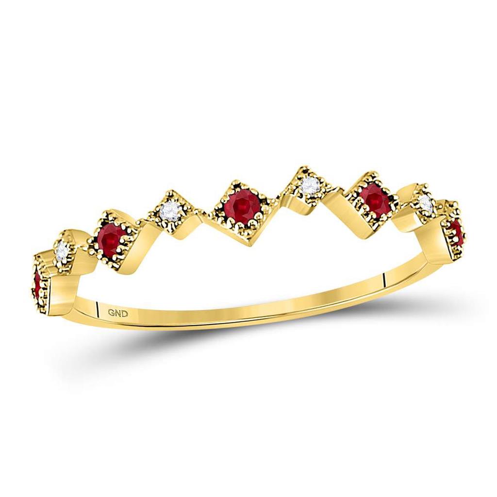 Image of ID 1 10k Yellow Gold Round Ruby Diamond Milgrain Square Stackable Band Ring 1/8 Cttw