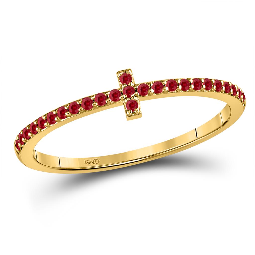 Image of ID 1 10k Yellow Gold Round Ruby Stackable Cross Band Ring 1/6 Cttw