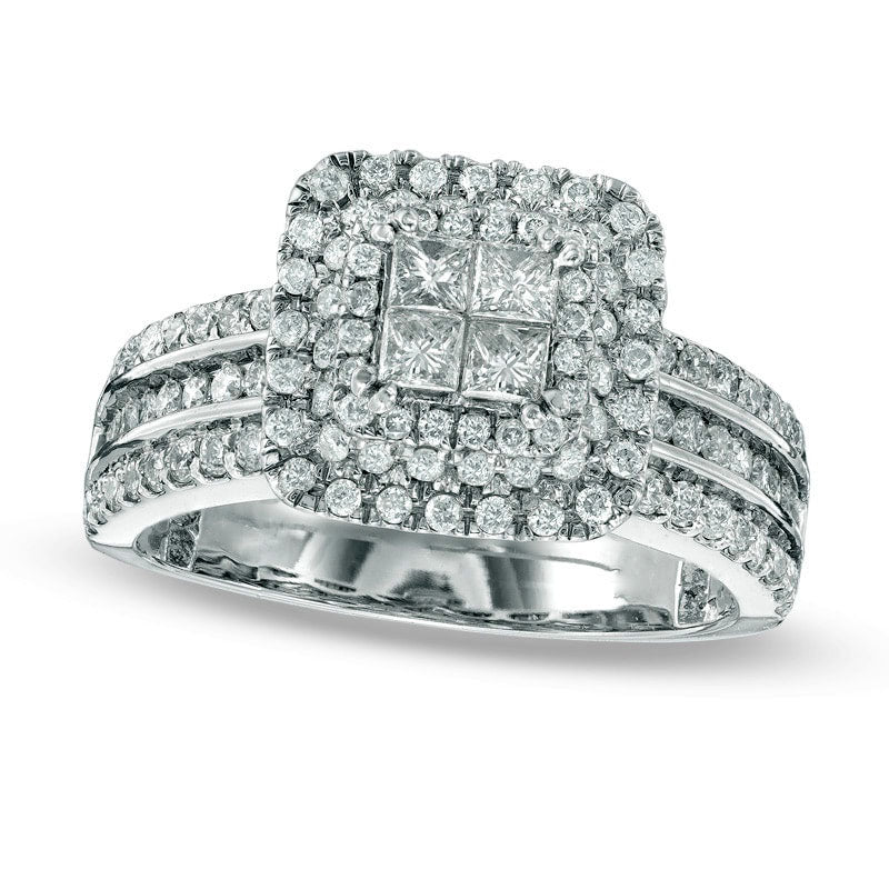 Image of ID 1 113 CT TW Quad Princess-Cut Natural Diamond Double Frame Engagement Ring in Solid 14K White Gold