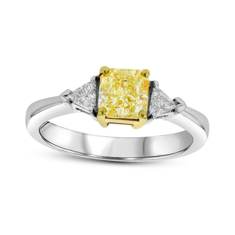 Image of ID 1 120 CT TW Fancy Yellow and White Radiant-Cut Natural Diamond Three Stone Ring in Solid 18K Two-Tone Gold (SI1)
