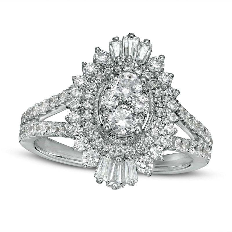 Image of ID 1 125 CT TW Composite Natural Diamond Oval Starburst Frame Split Shank Ring in Solid 14K White Gold
