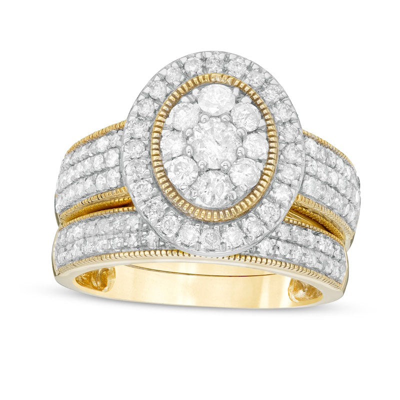 Image of ID 1 133 CT TW Composite Oval Natural Diamond Frame Antique Vintage-Style Multi-Row Bridal Engagement Ring Set in Solid 10K Yellow Gold